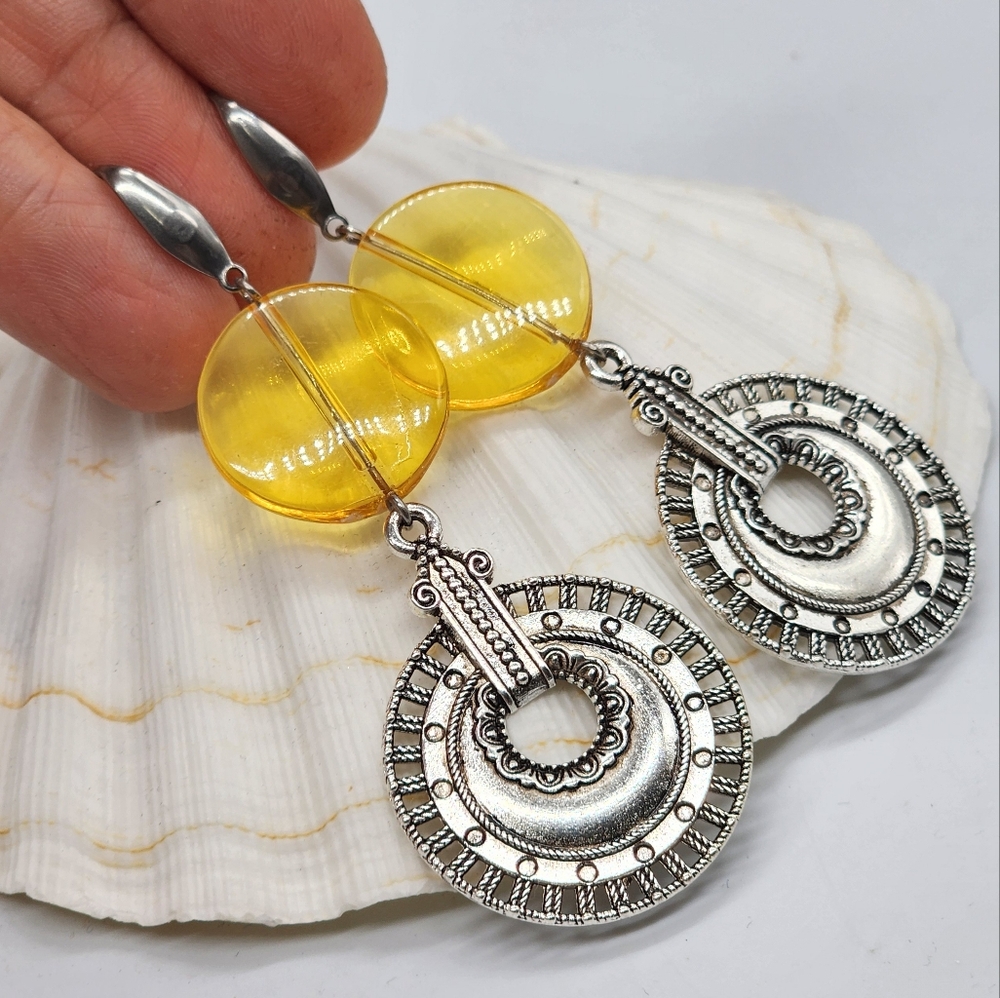 Free People Jewelry Beewax Amber Silver "Inka" Discs Dangling Earrings - Picture 3 of 13